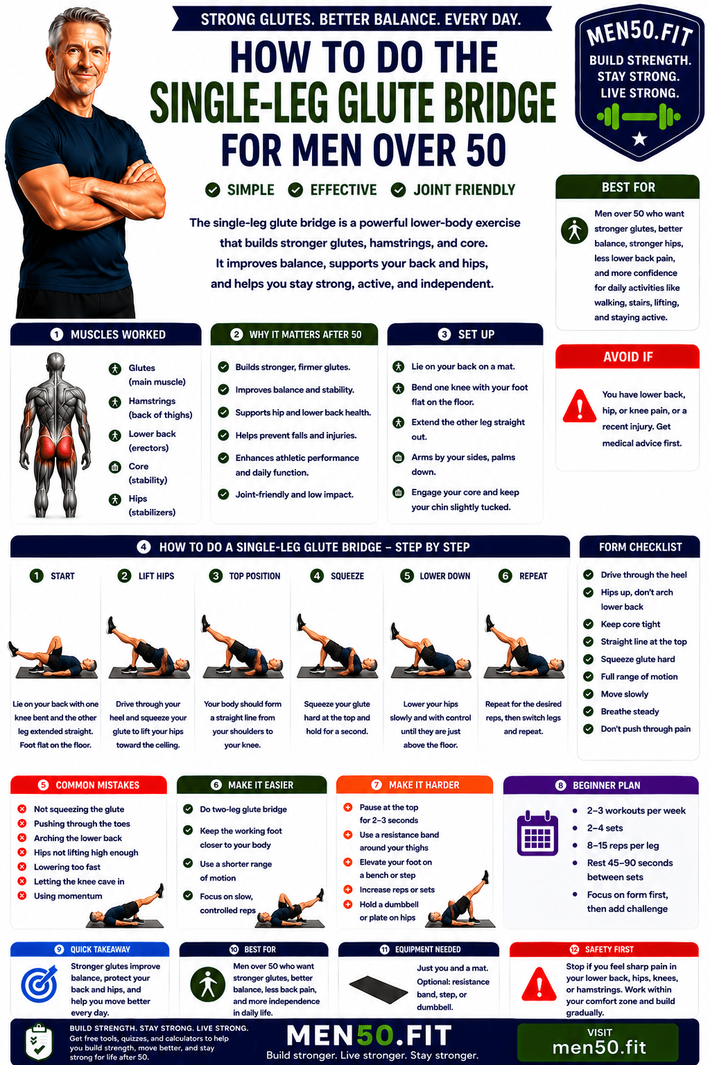 Single-leg glute bridge guide for men